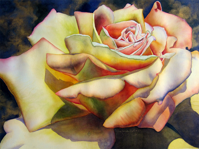 yellow peace rose painted in watercolor, gold in background, floral