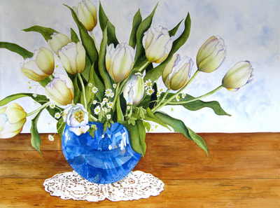 white tulips in blue vase, watercolor, floral