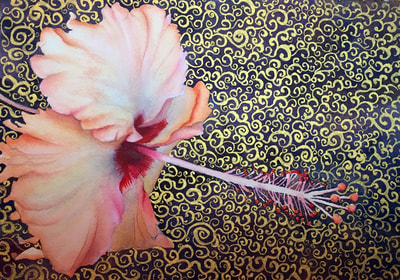 gold background, peach hibiscus, Kauai hibiscus, watercolor, floral