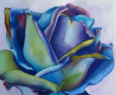 rose painted in blues, greens and violets in watercolor, floral of the imagination