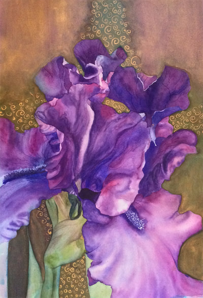 gold background, purple iris, violet iris, Klimt background, watercolor, floral