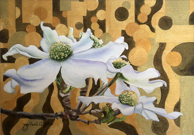 painted in the style of Gustav Klimt, gold gouache in background, white dogwood painted in watercolor, floral