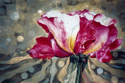 double delight rose, gold background, red and white rose, watercolor, floral