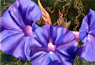morning glories, purple flowers, gold in background, watercolor, floral
