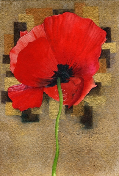 red poppy, gold background, watercolor, floral