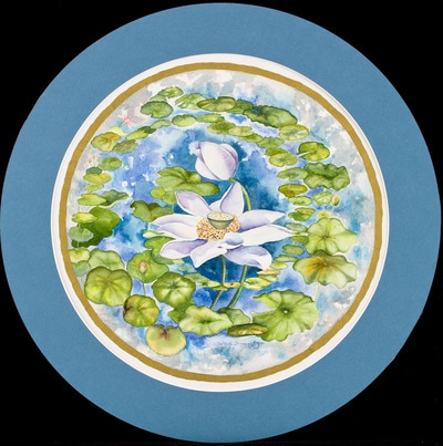 Lotus blossoms painted in watercolor, round painting, floral