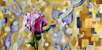 Klimt like gold background, purple tea hybrid rose, watercolor, floral