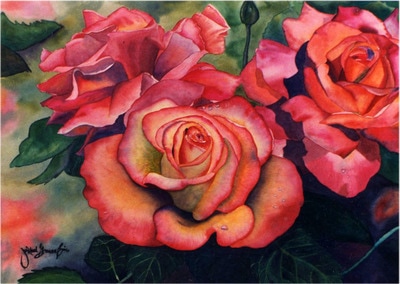 red, bright pink, orange roses, watercolor, floral