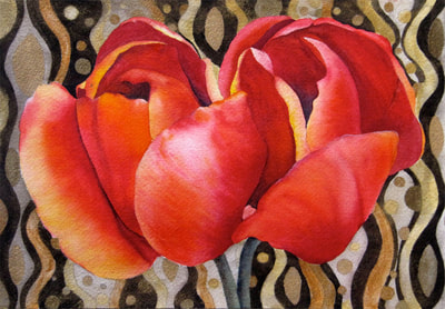 red tulips, watercolor, floral, gold background, pair of tulips