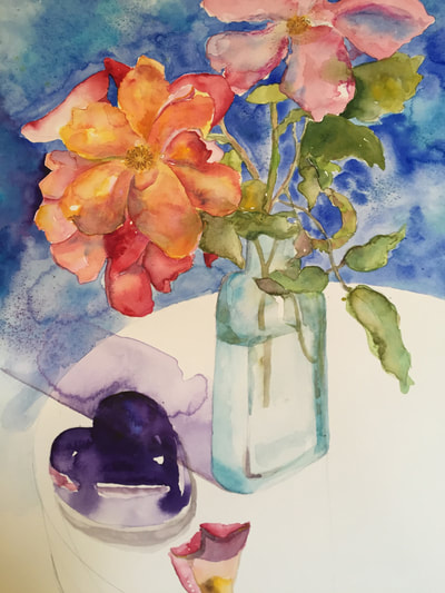 single petal red orange and pink roses, old glass bottle, hand blown purple heart, watercolor, floral, still life watercolor